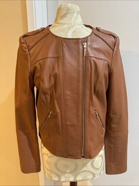 WHBM Leather Cognac Moto Goldtone Zippers Pockets Lined Cropped Jacket M
